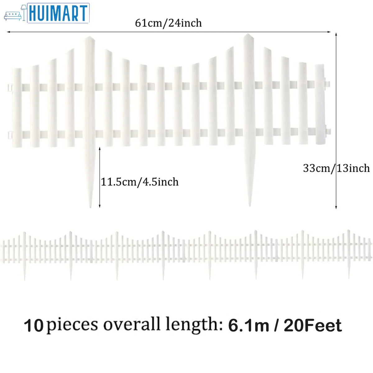 SUSUZI 10-Panel White Picket Fence Plastic Edging Garden Fence Lawn Flowerbed Borders Landscape Path Panels 13in Tall Pack of 10 (Overall Length 20 ft)