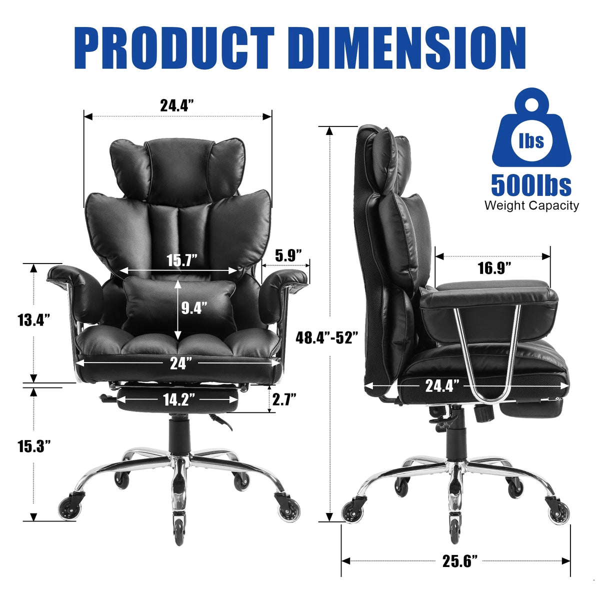Big and Tall Office Chair,High Back with Telescoping Footrest and Wide Seat Cushion（ Black)