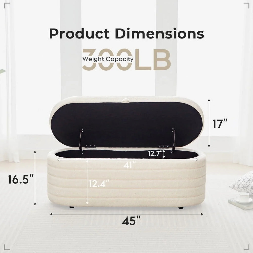 Othniel 45x16.5 Inch White Teddy Storage Ottoman Bench,Oval Footrest with Anti-Slip Legs