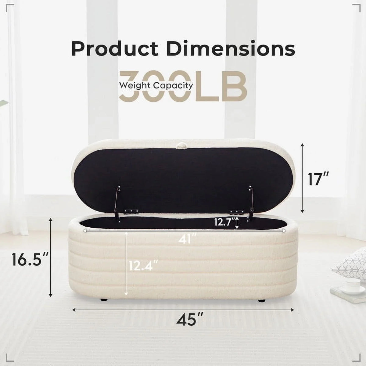 Othniel 45x16.5 Inch White Teddy Storage Ottoman Bench,Oval Footrest with Anti-Slip Legs
