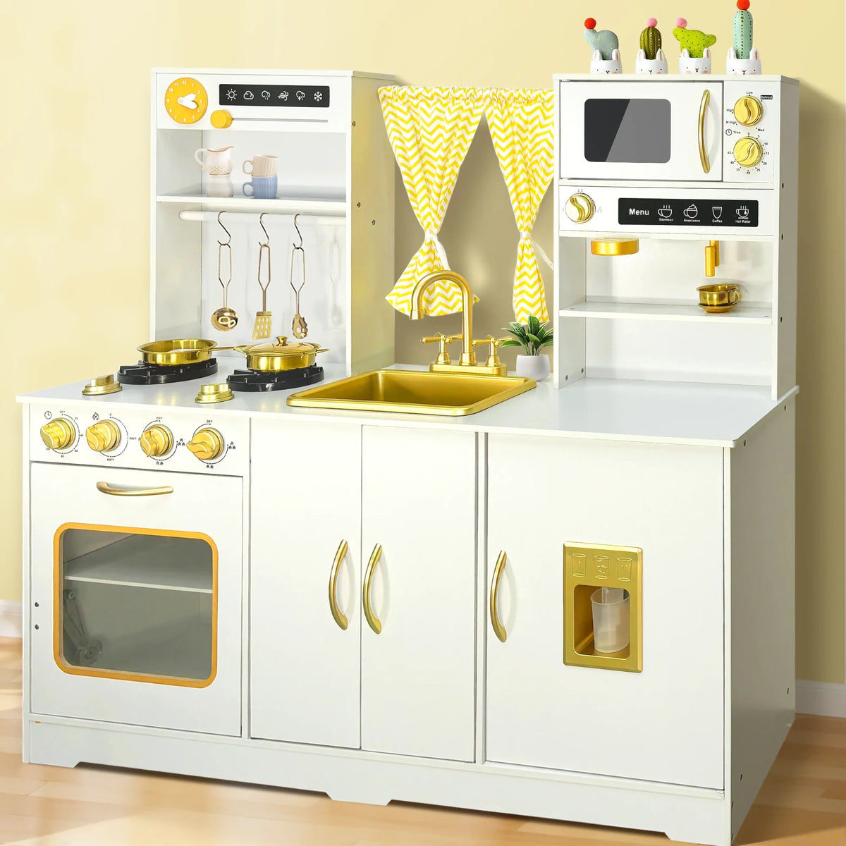 iYofe Play Kitchen, Kids Kitchen Playset with Rich Play Features and Large Operation Area, Wooden Pretend Play Toy Kitchen Set for Toddlers w/Real Sounds, Curtain, 18 Accessories, Gift for 3-6, White